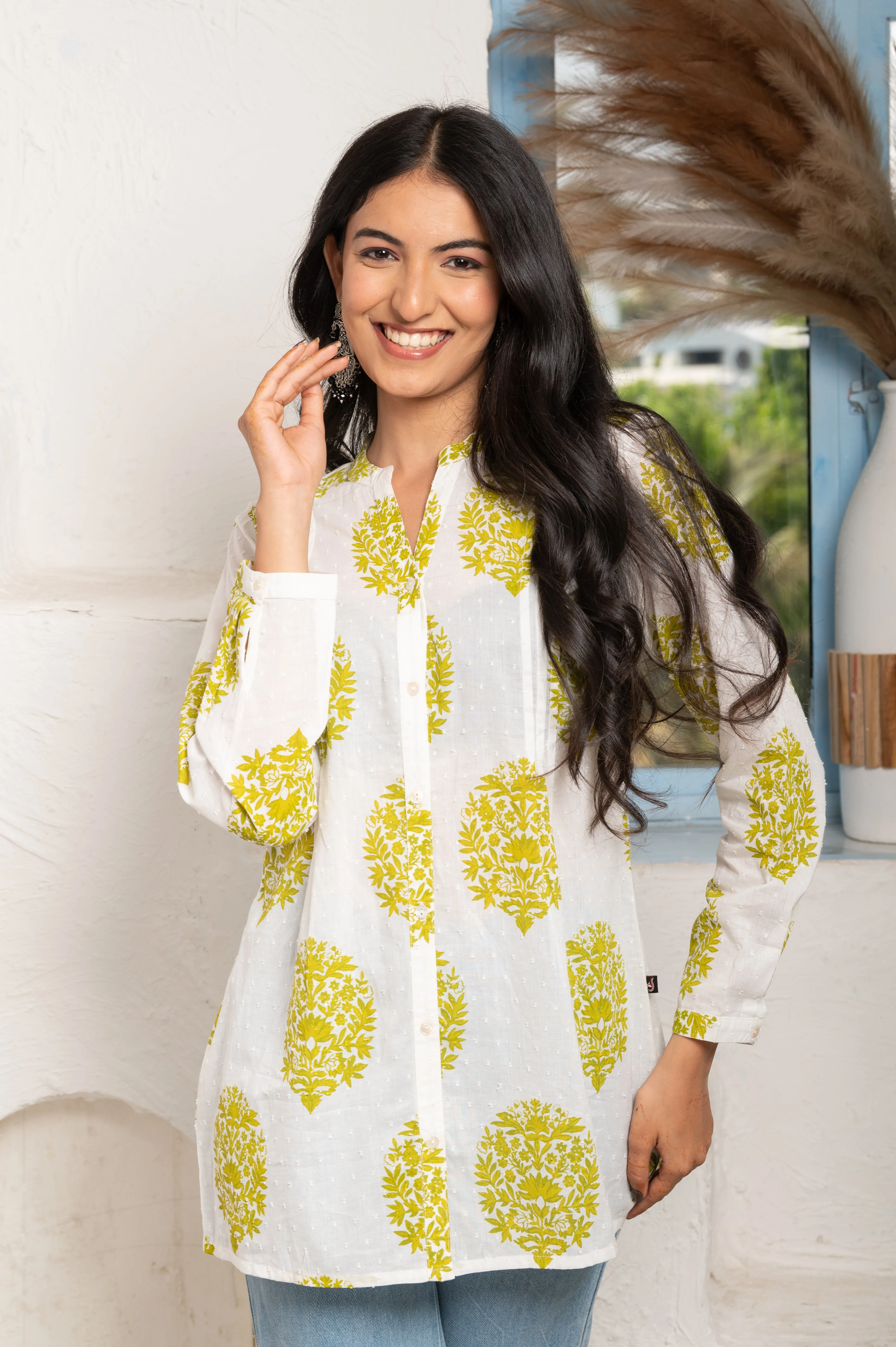 PRINTED WHITE-GREEN COTTON TUNIC